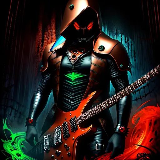 Prompt: Horror, Scary, Ominous, Sinister, freeform dark chaos epic bold, 3D, HD, {one}({liquid metal {Man}Rabbit dressed in Guitarist outfit} with {red blue orange brown hunter-green bronze black}ink), expansive psychedelic background --s99500