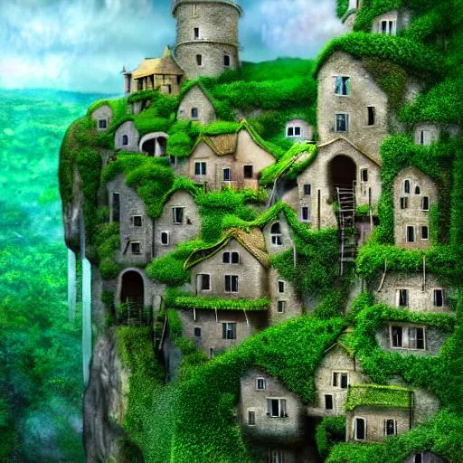 Prompt: Hyper realistic image of a mistical village of dwellings built on a cliff face, in between two mountains with lots of rope bridges and ladders to get between the dwellings. Lots of Green vegetation  surreal salvidor Dali impressionism, intricate, high detail, behance, microworlds smooth, macro sharp focus, centered