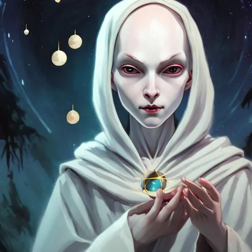 Prompt: androgynous, benevolent, innocent, ALIEN femme, pale skin, bald, soft expression, full lips, holding an orb, wearing cloak, surrounded by stars