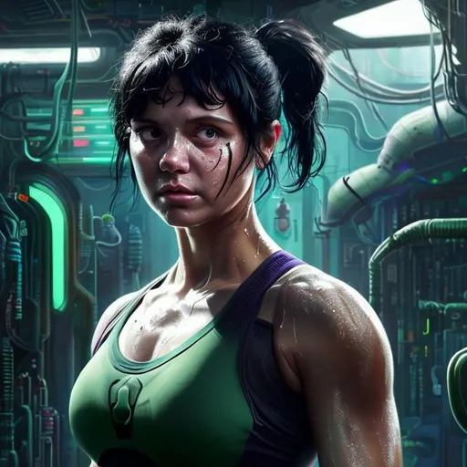 Prompt: Oil painting of a sweaty woman with black hair tied in a bun, with broad chest, pretty face, In futuristic repair bay, wearing futuristic dark green athletic gear, no sleeves bare arms, purple shorts bare legs, perfect composition, hype realistic, super detailed, 8k, high quality, trending art, trending on artstation, sharp focus, studio photo, intricate details, highly detailed, by greg rutkowski