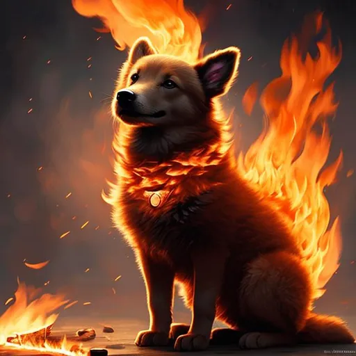 Prompt: Cute, red, fluffy, fire puppy, possessing the element of fire and making circles of fire
 move around in the air in a magical way. Perfect features, extremely detailed, realistic. Krenz Cushart + loish +gaston bussiere +craig mullins, j. c. leyendecker +Artgerm.