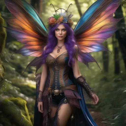 Prompt: Epic. Cinematic. Shes a (colorful), Steam Punk, gothic, witch. spectacular, Winged fairy, with a skimpy, (colorful), (gossamer), flowing outfit, standing in a forest by a village. ((Wide angle)). Detailed Illustration. 8k.  Full body in shot. Hyper real painting. Photo real. An (extremely beautiful), shapely, woman with, ((Anatomically real hands)), and (vivid), colorful, (bright eyes). A (pristine) Halloween night. (Concept style art). Rays of light. Lens flares. Celestial. 