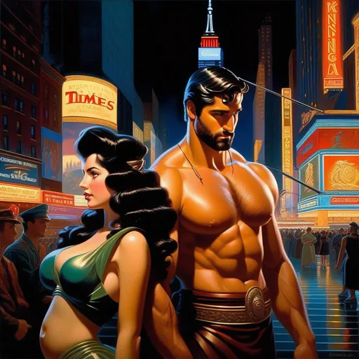 Prompt: King Leonidas impregnating Italian-American girl, pale olive skin, black hair, brown eyes, 1940s, Times Square at night, neon, warm atmosphere, cartoony style, extremely detailed painting by Greg Rutkowski and by Henry Justice Ford and by Steve Henderson 

