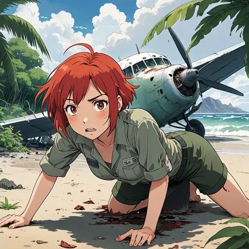 Prompt: 2d studio ghibli anime style, a plane crash,  (19-year-old girl) with (short red hair), wet, hurt, crawling out of water, ashore on tropical beach,  in background (broken, burning, crashed airplane), clothes torn and dirty, active pose, dynamic movement, (dramatic cloudy sky) overhead, rich green foliage throughout, (peaceful atmosphere), (ultra-detailed), (natural lighting)
emphasizing the tragedy, capturing the essence of disaster.