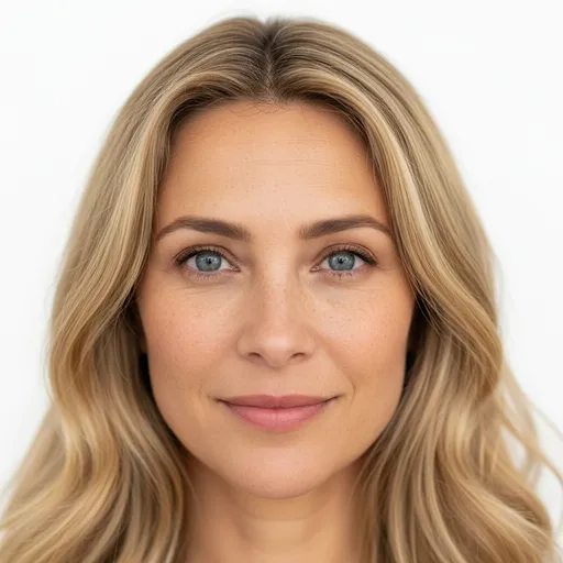 Prompt: High-resolution front-facing close-up of a 45-year-old female with olive skin tone, long wavy blonde hair, and calm blue eyes framed by subtle freckles. Captured with an 85mm lens and shallow depth of field for a cinematic softness. Even studio lighting brings out lifelike skin textures and realistic tones against a seamless white background, with a neutral to soft smile.
Negative prompt: cartoon, anime, illustration, beauty filter, airbrushed skin, low detail, heavy stylization, warped face, distorted proportions, extra limbs