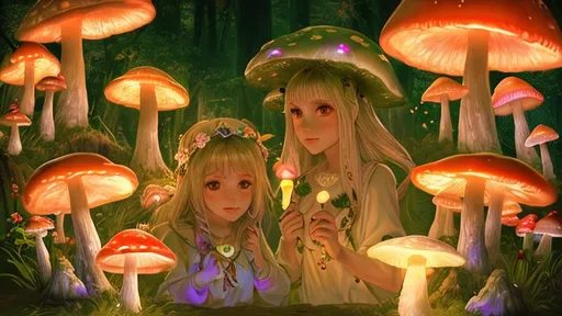 Prompt: portrait of cute girls, glowing fantasy mushrooms, ritual, magic