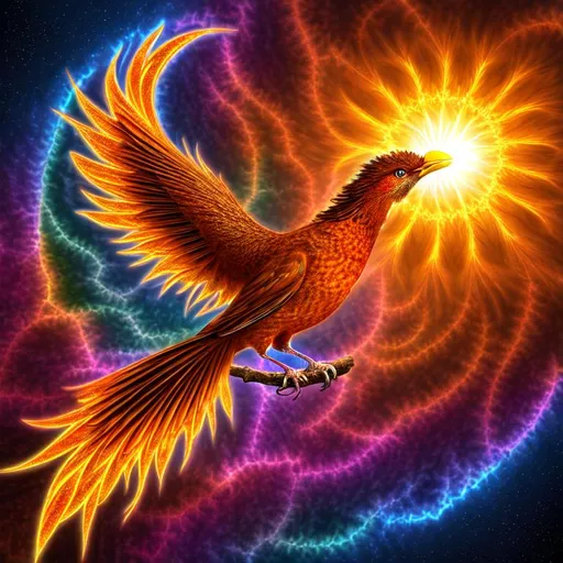 Prompt: full color fulia clusters fractal brown An organic surface generated with Perlin noise and Fractal geometry,  spectacular phoenix bird, holding the sun so bright in its claws highly-detailed, high resolution, 3d, hd, uhd.