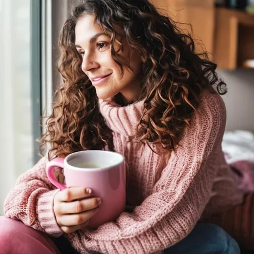 Prompt: A caucasian single mom in her mid-30s with loose brown curly hair and brown eyes wearing pink and sipping coffee.