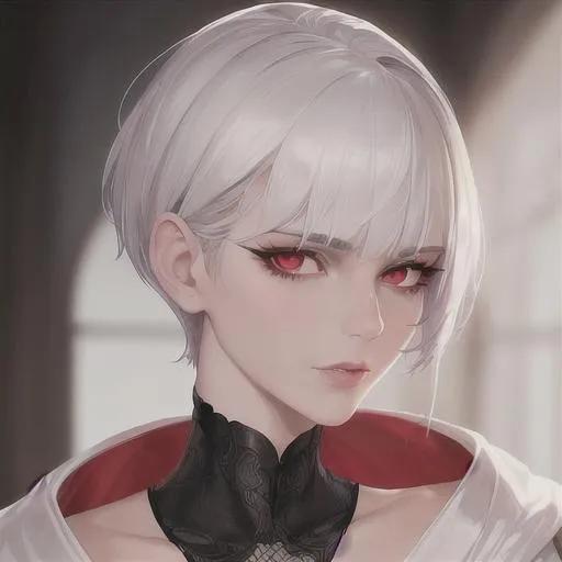 Prompt: "A close-up photo of a handsome girl with short pixie style hair, white hair, red eyes, wearing a kings robe, in hyperrealistic detail, with a slight hint of disgust in her eyes. His face is the center of attention, with a sense of allure and mystery that draws the viewer in, but her eyes are also slightly downcast, as if a sense of disgust is lingering in her thoughts. The detailing of his face is stunning, with every pore, freckle, and line rendered in vivid detail, but the image also captures the subtle emotions of disgust that might lie beneath her surface."