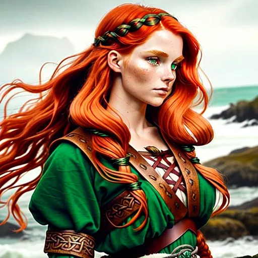 Prompt: he young viking woman before you is a stunning vision of beauty. Her fiery, copper-colored hair cascades down her strong, lithe shoulders in luscious, voluminous waves. Her bright, emerald green eyes sparkle with a mischievous, playful glint, hinting at a fearless, adventurous spirit. She is dressed in traditional viking garb, a combination of soft, warm furs, rugged, durable leathers, and intricately woven chainmail that accentuate her athletic, toned form. Her movements are graceful and fluid, giving the impression of a natural, skilled athlete. Yet beneath her sweet, cute exterior lies a fierce, determined warrior who is unafraid to face any challenge head-on. In short, she is a young viking woman who is both stunningly beautiful and formidably fierce, a perfect embodiment of the indomitable viking spirit. Winter, Snow, Sun, Sunlight, Viking, Norway, beautiful, wallpaper, realistic, detailed.