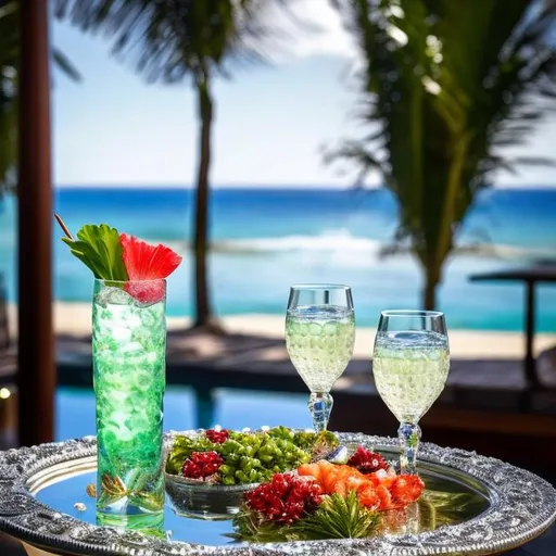 Prompt: "Generate an image of a scene at a tropical beach resort, with the table meticulously decorated to emphasize its intricate details. Place a glass of exceptionally refreshing and sparkling "green grape juice" with ice cubes, making it exceptionally refreshing. However, give the utmost attention to the magnificent serving platter, prominently featuring a meticulously crafted "Valencian paella" as the centerpiece of the scene. The paella should be exquisitely prepared, with vibrant colors and an inviting presentation. Ensure that the entire scene exudes an atmosphere of a beachside summer vacation, with the paella as the star of the show, all meticulously presented and beautifully arranged."" ultra hd, realistic, vivid colors, highly detailed, UHD drawing, pen and ink, perfect composition, beautiful detailed intricate insanely detailed octane render trending on artstation, 8k artistic photography, photorealistic concept art, soft natural volumetric cinematic perfect light"

