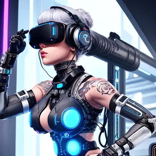 Prompt: beautiful cyborg girl standing straight with arms at her sides, drooling, topless and bottomless, blank expression, futuristic VR headset, futuristic collar, drooling, curvy body, tattoos, body markings, wires connecting to back, facing the camera, full body view, glowing, pain, chained, blank, bdsm, cyberpunk, wires, pubic hair, topless, bottomless, screen, upload screen