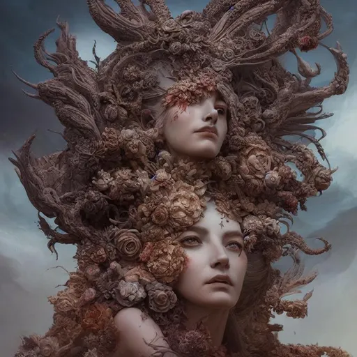 Prompt: beautiful detailed cgi matte painting Mars goddess of war, by ellen jewett, alessio albi | symmetrical features, ominous, alluring, vivacious, realism, intricate, ornate, royally decorated, organic, growth, whirling nebulas, glowing particles, colorful adornments, colorful torn fabric, radiant colors