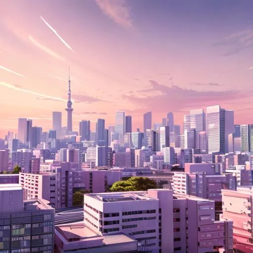 Prompt: A hyper realistic front view close up of a Tokyo city  with cars and apartments super realistic with light pink skies photo realistic