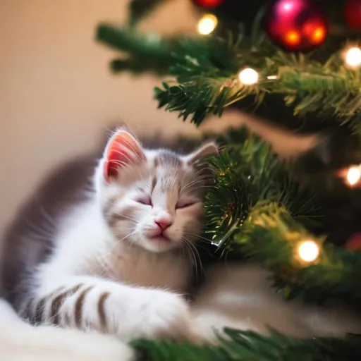 Prompt: White kitten sleeping under a christmas tree