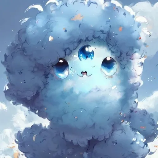 Prompt: Fluffy cute ball that is a cloud, white-blue fluff, wise deep blue eyes, wings made of puffy clouds, the sky splattered around them, masterpiece, best quality, ((In Splatter Art style))