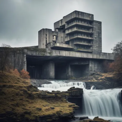 Prompt: a castle on the edge of a waterfall, brutalist architecture