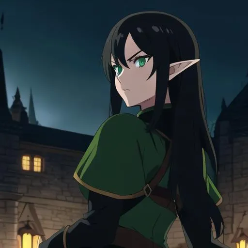 Prompt:  Pretty, rogue, Anime woman, dark black hair, dark green hazel eyes, elf, armoured, near a castle at night, 