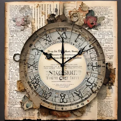 Prompt: Layers of clock faces, vintage book pages, and wisdom-related symbols are collaged together, complemented by soft watercolor washes, evoking a sense of intellectual depth and the passage of time.