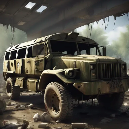 Prompt: Wrecked army troop carrier, 4k,
