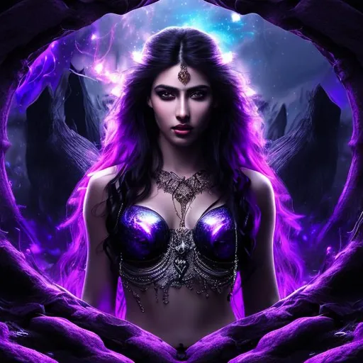 Prompt: HD 4k 3D 8k professional modeling photo hyper realistic beautiful woman ethereal greek goddess of chaos and the void
purple hair yellow eyes gorgeous face brown skin black shimmering dress jewelry  tattoo surrounded by magical glowing starlight hd landscape background of enchanting mystical black abyss
