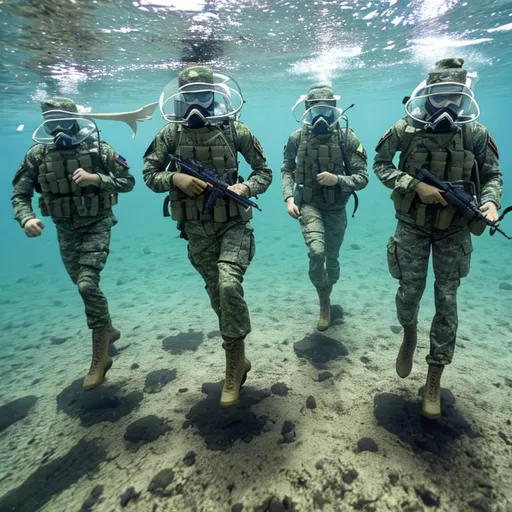 Prompt: Modern Military troops marching underwater. photo.