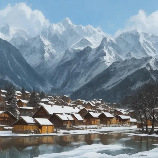 Prompt: A very simple painting of an alpine village with a snowy mountain range in the backround.