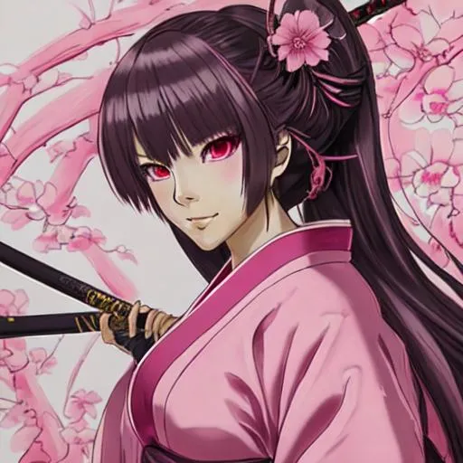 Prompt: highly detailed anime drawing of a woman with a pink kimono, long katana with details of a demon, pink eyes with slits and devoid of emotion.