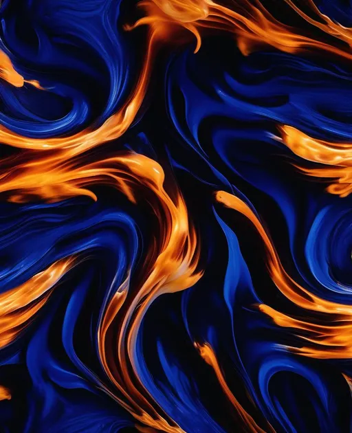 Prompt: An abstract image of cobalt blue paint swirling and melting against a black background, resembling ever-changing flames. Fiery tendrils of blue contort into organic shapes that seem to flicker and dance with motion. Shot with a Canon 5DS R and 100mm macro lens for finely detailed textures. Lit with dramatic side lighting to increase contrast. The mood is energetic and transformative yet highly controlled. In the style of LeRoy Neiman.