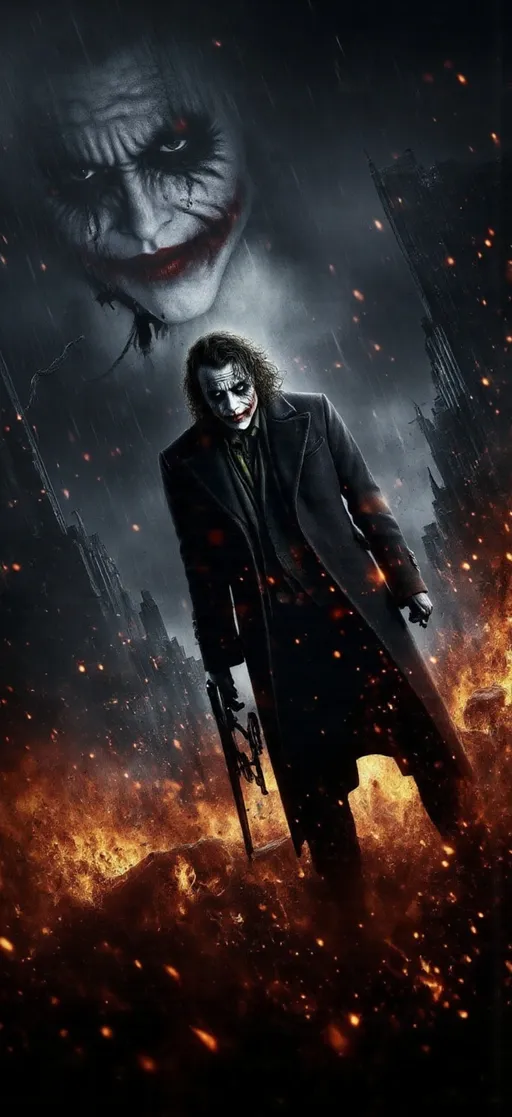 Prompt: (8K, highly detailed, high-resolution, high quality, ultra realistic style, wide angle with fall body image with a medium close-up) Joker is sitting relaxed smoking a cigarette and has a villianous smirk while staring at the fireplace burning. On a wall is a large poster of Batman hanging on the wall that has red x over each of Batman's eyes and a Joker smile over Batman's lips. The room is dark besides the twilight lighting being filtered through large glass window creating small beams of light giving light and dark shadows with the fireplace light creating a soft orange light through the room causing warm and cool toned shadows,