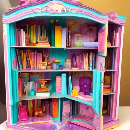 Prompt: Dollhouse library inspired by Lisa frank 