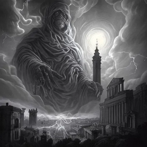 Prompt: it's Rome but in a Lovecraft story. Seen by the sky. There is a tower on the front and a Church on the back.
With darkness in form of black fog that envelope the city and shadow all around.
The shadow of a big shadow monster, with claws dangerous on the city, it is on the background behind the cloud and thunder creates spot of light. Only the eyes of the monster are illuminated.
Look like a Denis Villenueve movie