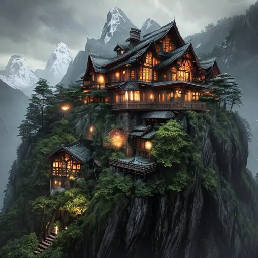 Prompt: a house on the mountain, beautiful rainy day, mountains, night, calm, alone, art, realistic, hyper-realistic, highly detailed, realism, 32k, photography, hdr, 1080p, cinematic, Hyperrealistic, splash art, concept art, fictional environment, mid shot, intricately detailed, colour depth, dramatic, side light, colourful background, beautifully shot, perfect composition, atmospheric, moody, happy, emotion, 