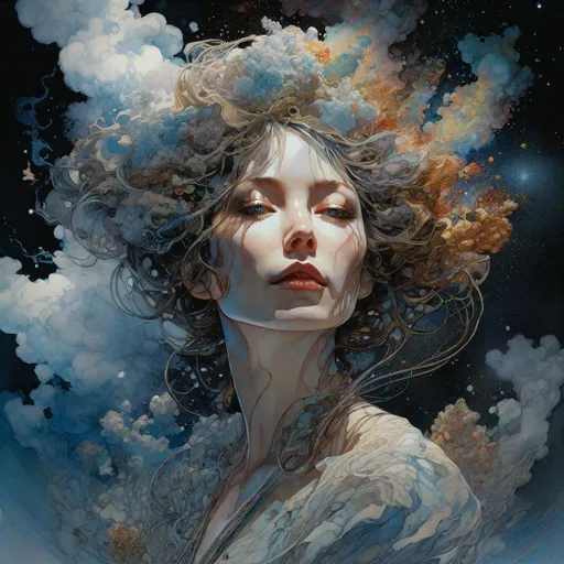 Prompt: "woman made of clouds :: dark background :: by Michael Kaluta, Agnes Cecile, Steve Hanks Lucien Freud, Aleksandr Kuskov, Carne Griffiths :: hyperdetailed rich fantasy art, maximalist, elegant :: 8k, Vray render, beautiful 3d shading :: Pâte de Verre magical particles, Contre-jour vapor smoke, masterpiece"