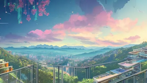 Prompt: Overlooking view from the mountains or house on a cliff, super modern high tech city with flying cards colorful sky but with very lively nature, huge balcony glass fences and rich pastel art