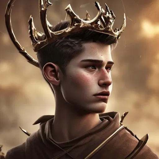 Prompt: A 21 year old man with a bow and a crown. He went out to conquering and to conquer. photorealistic.