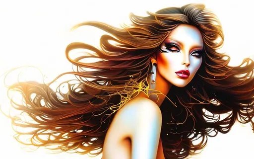 Prompt: An Alien, a stranger, an exotic princess from Tau Ceti. Starlight. Translucent, holographic, airy, light. Wild, unbridled, impulsive. Orange, bronze, gold, and black. mixed media in the style of Boris Vallejo and Luis Royo. Brown-blond hair. Hair straight, shaggy, thin, and windswept. Detailed hair. Curls at the forehead.  Their right eye is half covered by a hairpin. Eyebrows thin. (((Eyes green and blue))), almond-shaped. Nose straight, thin. Lips half open. Lips natural color. (((Stardust on cheeks))). The left side of the face 60% covered with (((tattoos))) and (((implants))). Tattoos, implants bronze and gold. Implant thin lines. Detailed tattoos, implants. (((Head and face portrait.))) Digital 3D Art, perfect composition, beautiful detailed intricate crazy detailed octane render trendy art-station, 8 k art photography, photo-realistic concept.