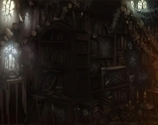 Prompt: highly detailed, dark coridor, bookshelf, cobweb, inside abanodned witch house occult, torn wallpaper, art, concept art, 