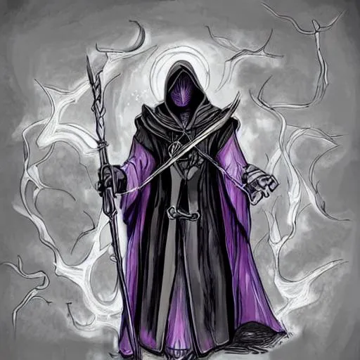 Prompt: a full body portrait of a warlock with a hood holding a staff in a sketch art stile