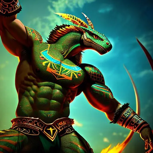 Prompt: digital art aztec god lizardmen savage komodo dragon form, scaled muscle body, feather head, tattoo all over upper body, tribal action pose, fantasy art, special effect, hd octane render