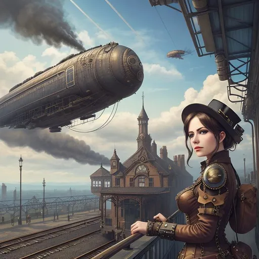 Steampunk train  train station smoke  airship in sky  woman 