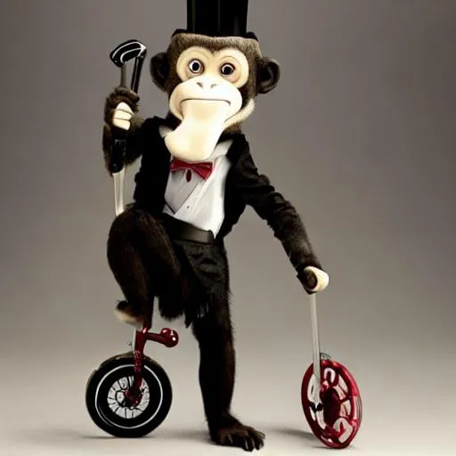 Prompt: Monkey on a unicycle holding a katana wearing a top hat 