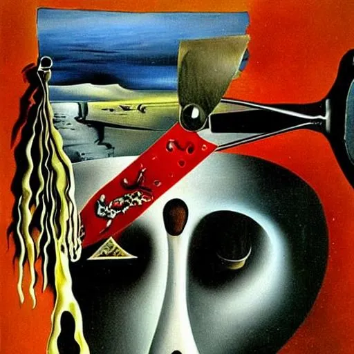 Prompt: Salvador Dali's Painting of I can make you beautiful, Snip, Snip, my scissors snap closed slicing through slick tendons, smoking smooth stainless scissors snip snipping through flesh a little here a little there taking the dark hateful tissue. Snip, snip sticky chrome red scissors. heavy in my hands as love runs down and drips to the floor, love is a sticky business. Cut it out they say, cut it short they say, Ok. I cut it. Now what? triadic colors, backlit, autopsy