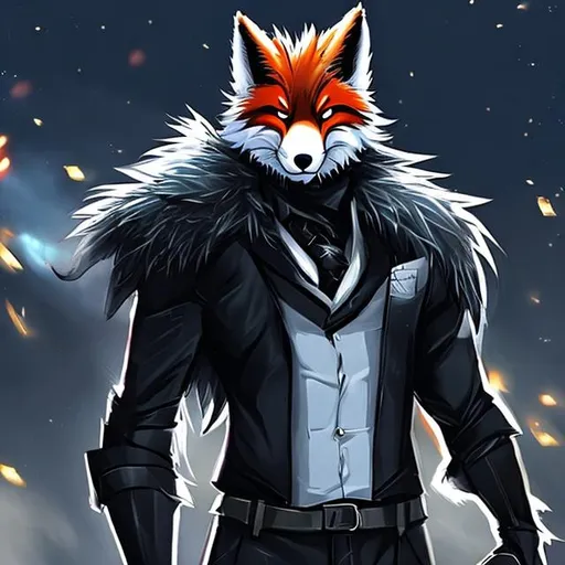 Prompt: a hot furry fox dude in a small black suit