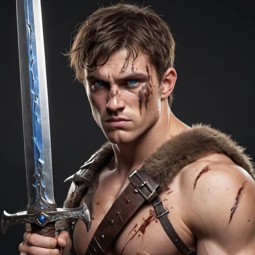 Prompt: A clean shaven young barbarian man with fair skin, very short messy brown hair, blue eyes and gaunt features. He is very muscular. He holds a notched greatsword. He is badly wounded and scarred but is still fighting with a look of absolute fury on his face. His animal hide armor is damaged by claw cuts.