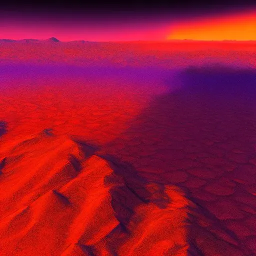 Prompt: concept art, hyperrealism, thick red sandstorm grain filter, "Warlocks and Warriors" Sprague de Camp style, aerial view, purple desert, jagged purple crag, red sky, sun hidden by sand