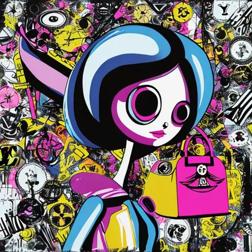 Prompt: Beautiful alien with big eyes and long eye lashes wearing designer clothes and holding a Louis Vuitton purse, pop art style 