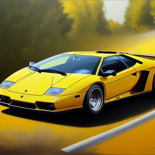 Prompt: High resolution, hyper realistic, painting of Lamborghini, Diablo, SV yellow full screen