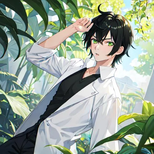 Prompt: an anime boy with black hair and green shiny eyes with white shirt