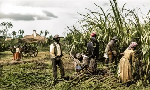 Prompt: enslaved people in a sugar cane field in color
